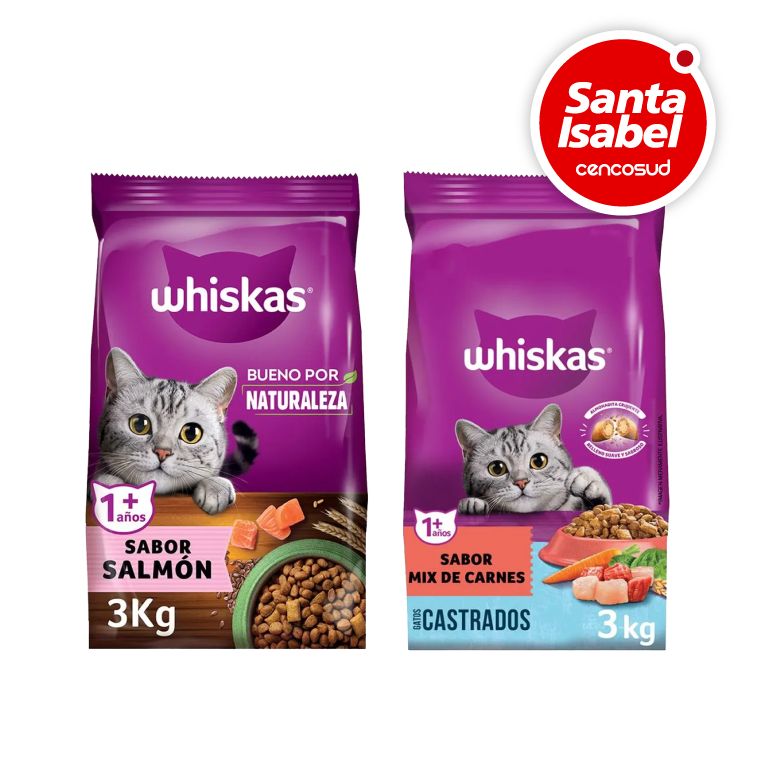 Alimento Gato Whiskas Salmón o Mix de Carnes 3Kg en oferta pagando con CencoPay en Santa Isabel
