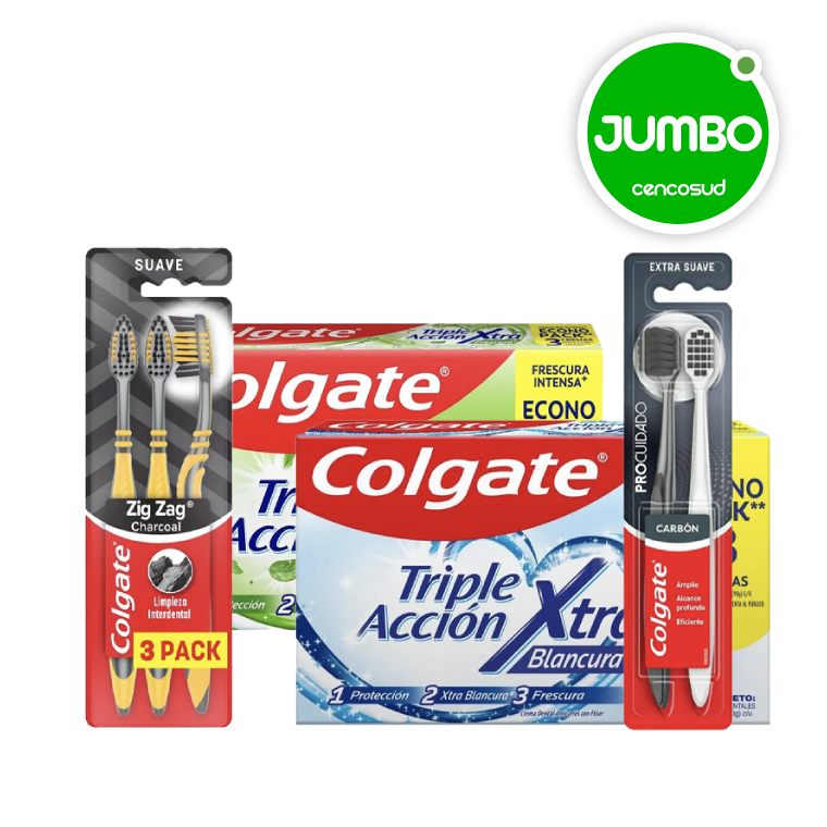 Pack Pasta de Dientes Triple Acción 3 unidades o Pack de Cepillos Dentales Colgateen oferta pagando con CencoPay en Jumbo