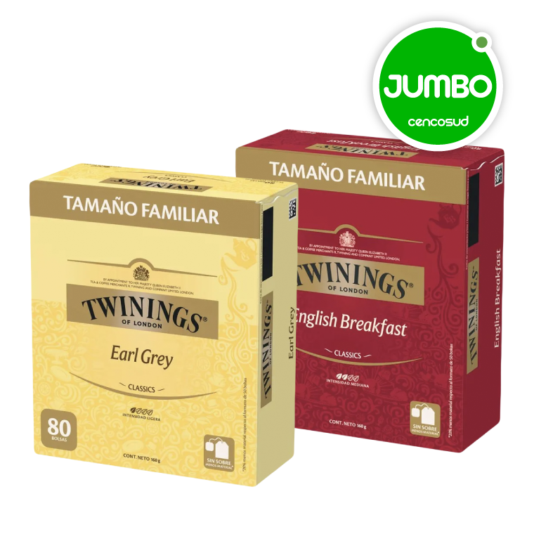 Té Negro Twinings Earl Grey o English Breakfast 80 un. en oferta pagando con CencoPay en Jumbo
