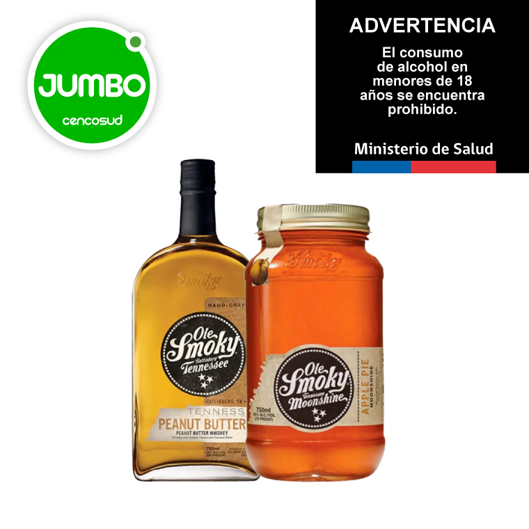 Whiskey Ole Smoky Apple Pie 35° o Peanut Butter 30° 750cc en oferta pagando con CencoPay en Jumbo