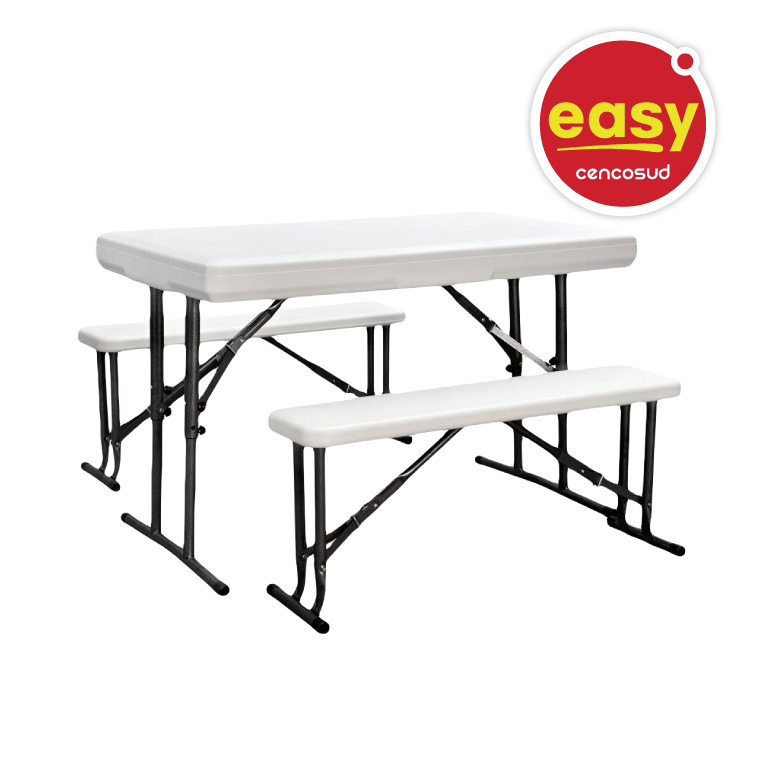 Juego de Mesa y 2 Bancas Plegables Plásticas Blancas en oferta pagando con CencoPay en Easy