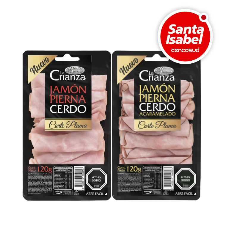 Jamón Pierna o Acaramelado La Crianza Corte Pluma 120g en oferta pagando con CencoPay en Santa Isabel