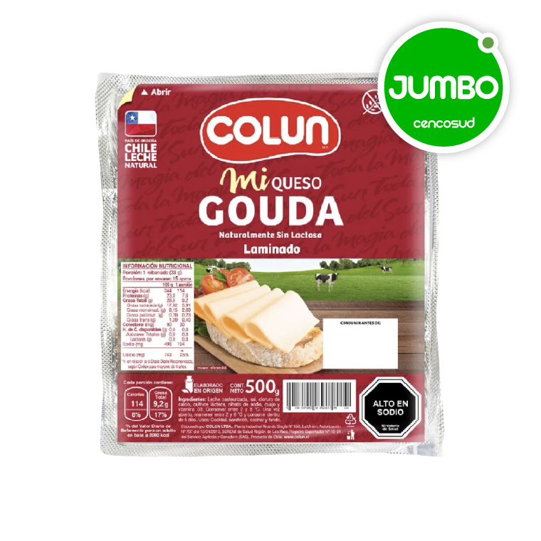 Queso Gauda Colun Laminado 500g en oferta pagando con CencoPay en Jumbo