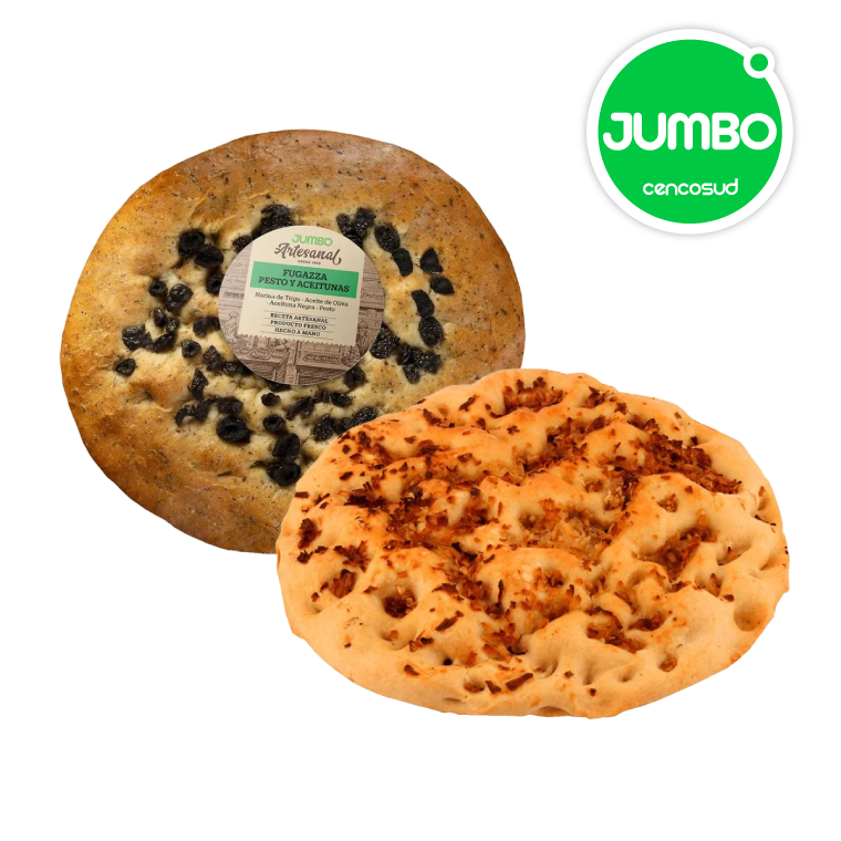 Fugazza Cebolla o Pesto y Aceitunas Jumbo Artesanal en oferta pagando con CencoPay en Jumbo