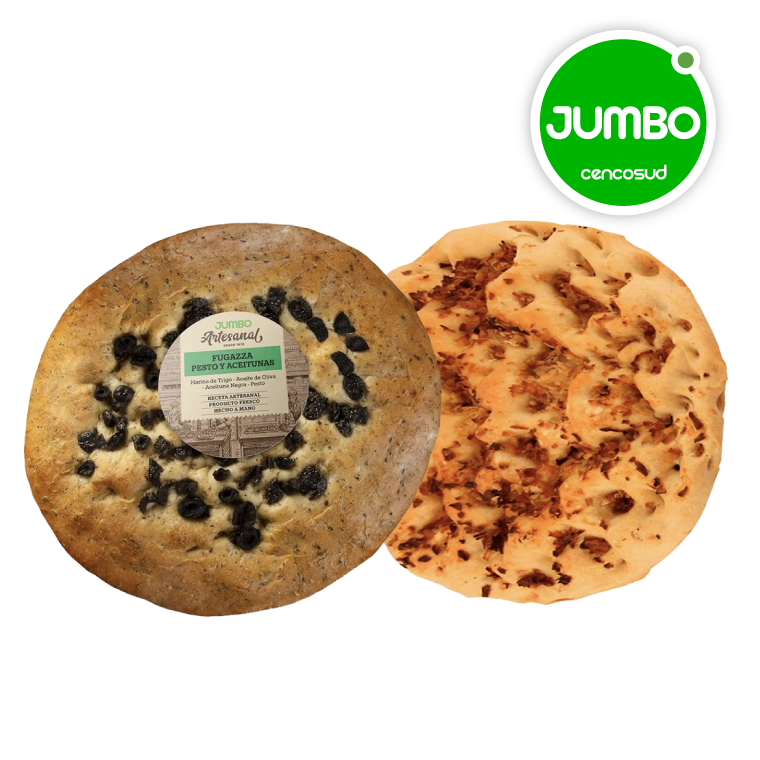 Fugazza Cebolla o Pesto y Aceitunas Jumbo Artesanal en oferta pagando con CencoPay en Jumbo