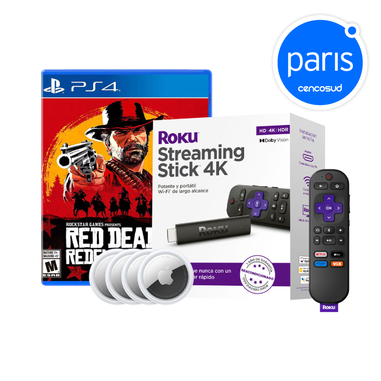 Pack Apple Airtag 4un, Roku 4 Reacondicionado o Juego PS4 Red Dead Redemption en oferta pagando con CencoPay en Paris